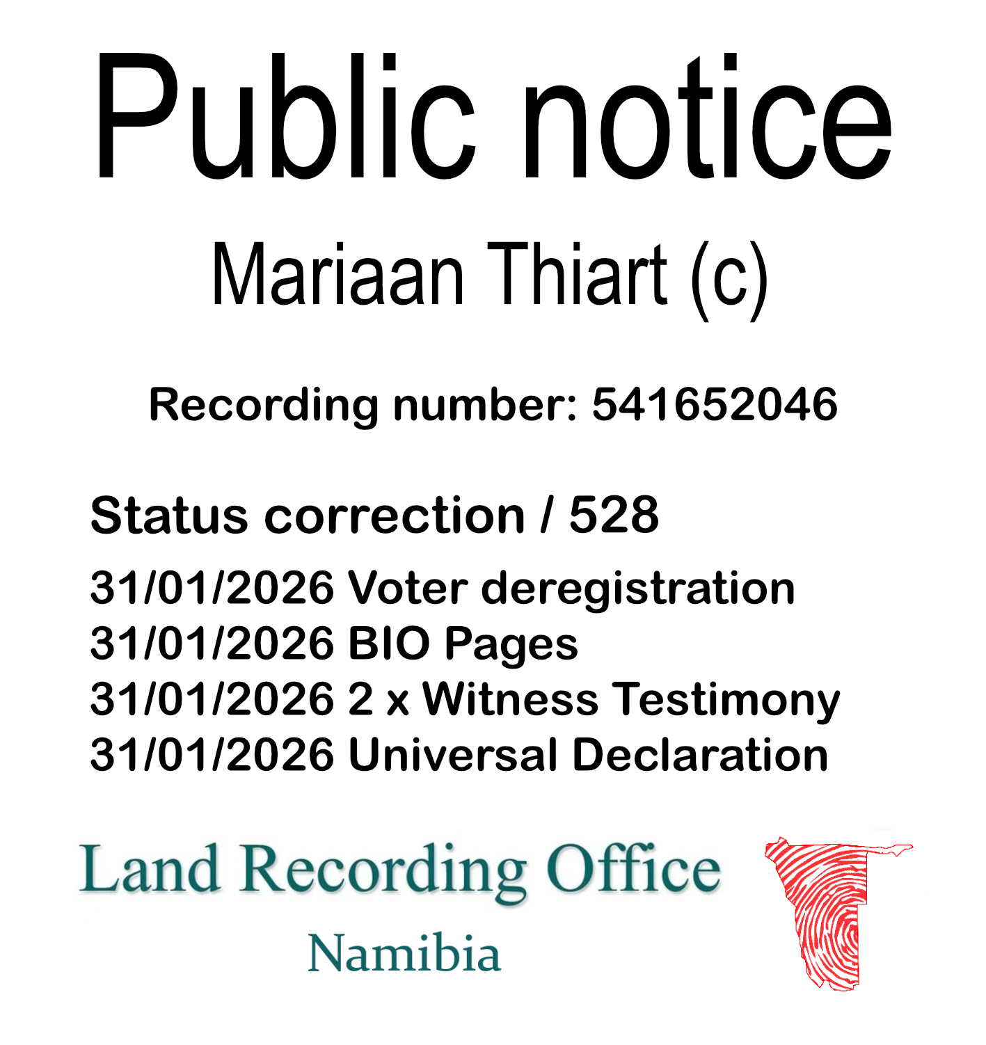 Public notice Mariaan Thiart Recording number 541652046